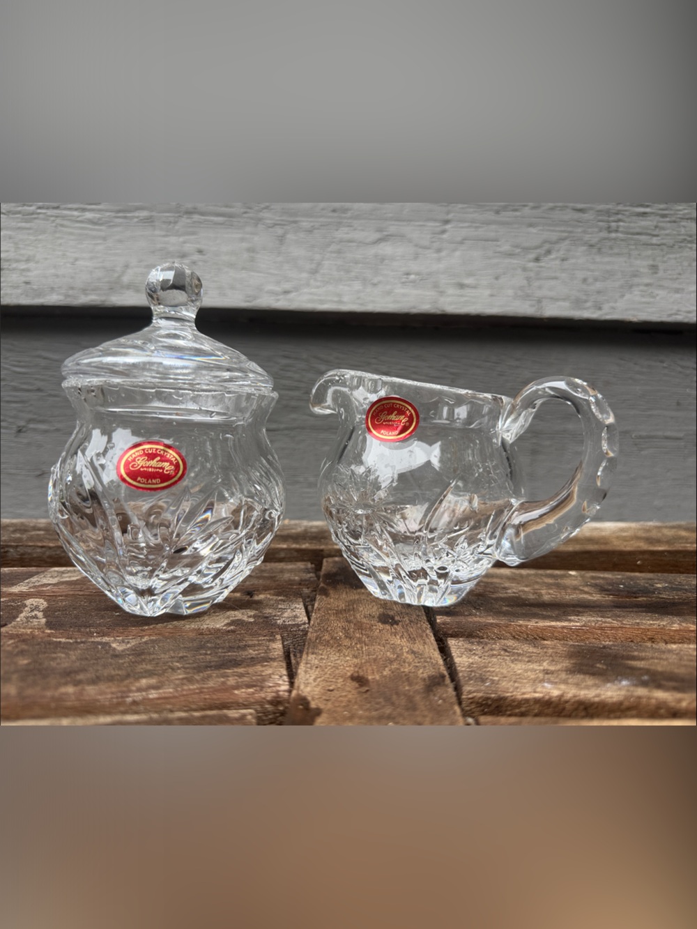 Gorham Clear Cut Glass Sugar and Creamer Set with Red Labels